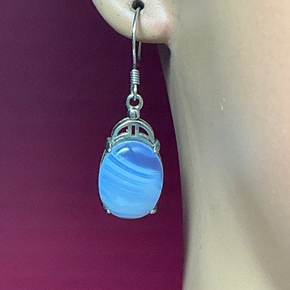 Sterling Silver Blue Lace Agate Dangle Earrings. 1.25 inches long - Picture 2 of 7